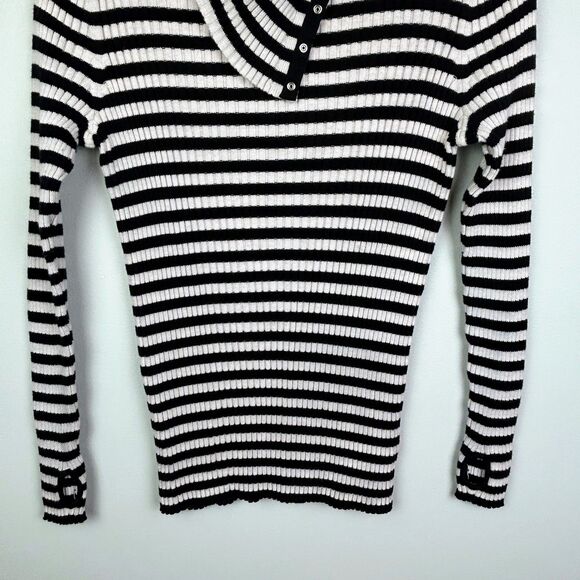 Margaret O'Leary Black & White Striped Snap Turtleneck Top Lightweight Sweater L - Picture 4 of 14